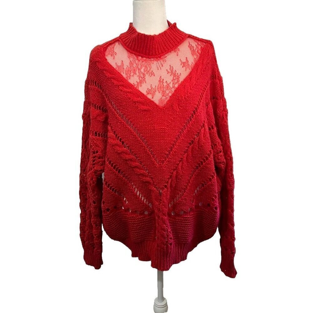 BiBi Knit Sweater Lace Collar Red Open Knit Chunky Size XL